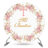 Lofaris White Pink Floral Cross Round Backdrop For Baptism